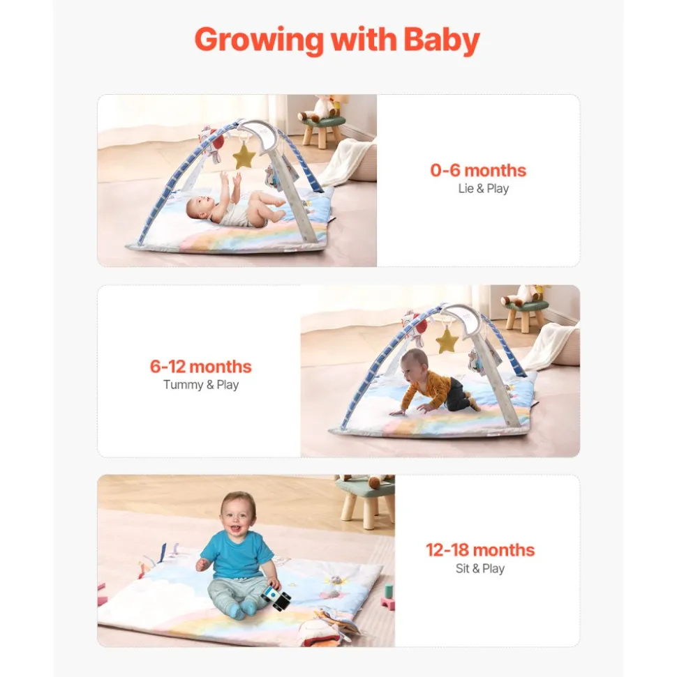 VEVOR Baby Play Gym Mat, Tummy Time Mat with 6 Sensory Toys, Baby Activity Mat with Light-up Musical Rocket Toy for 0-18 Month Newborn Infant, Baby Essential Gift for Sensory & Motor Skill Development