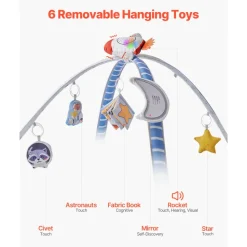 VEVOR Baby Play Gym Mat, Tummy Time Mat with 6 Sensory Toys, Baby Activity Mat with Light-up Musical Rocket Toy for 0-18 Month Newborn Infant, Baby Essential Gift for Sensory & Motor Skill Development