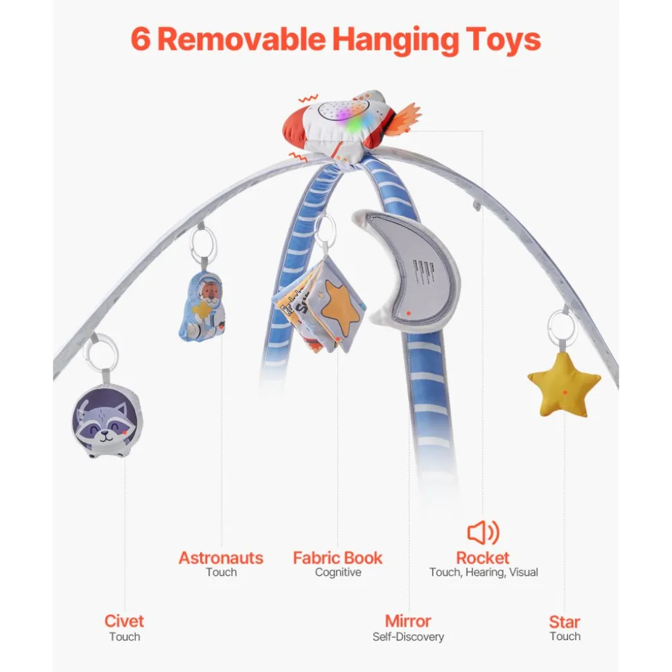 VEVOR Baby Play Gym Mat, Tummy Time Mat with 6 Sensory Toys, Baby Activity Mat with Light-up Musical Rocket Toy for 0-18 Month Newborn Infant, Baby Essential Gift for Sensory & Motor Skill Development
