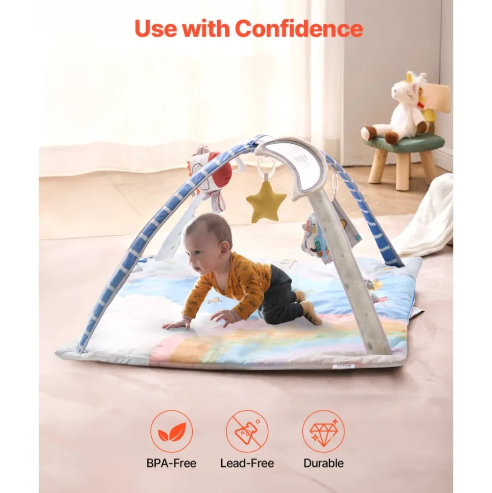 VEVOR Baby Play Gym Mat, Tummy Time Mat with 6 Sensory Toys, Baby Activity Mat with Light-up Musical Rocket Toy for 0-18 Month Newborn Infant, Baby Essential Gift for Sensory & Motor Skill Development