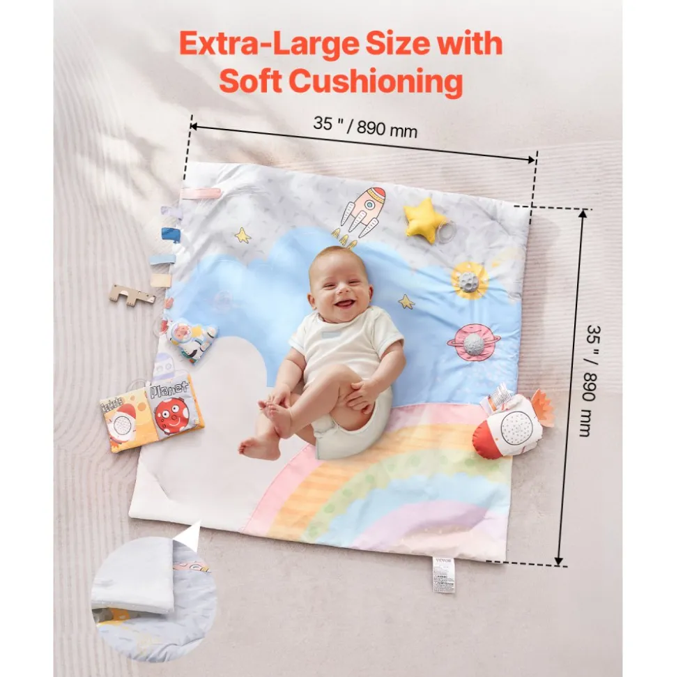 VEVOR Baby Play Gym Mat, Tummy Time Mat with 6 Sensory Toys, Baby Activity Mat with Light-up Musical Rocket Toy for 0-18 Month Newborn Infant, Baby Essential Gift for Sensory & Motor Skill Development