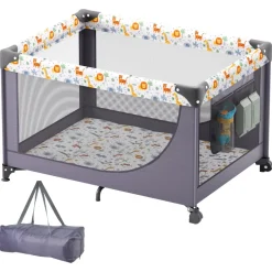VEVOR Baby Playpen Travel Crib, Quick-Folding Playpen for Baby & Toddler, Portable Baby Fence Play Yard with Wheels, Breathable Mesh & Travel Bag, Indoor/Outdoor Kids Activity Center for 0-36 Months