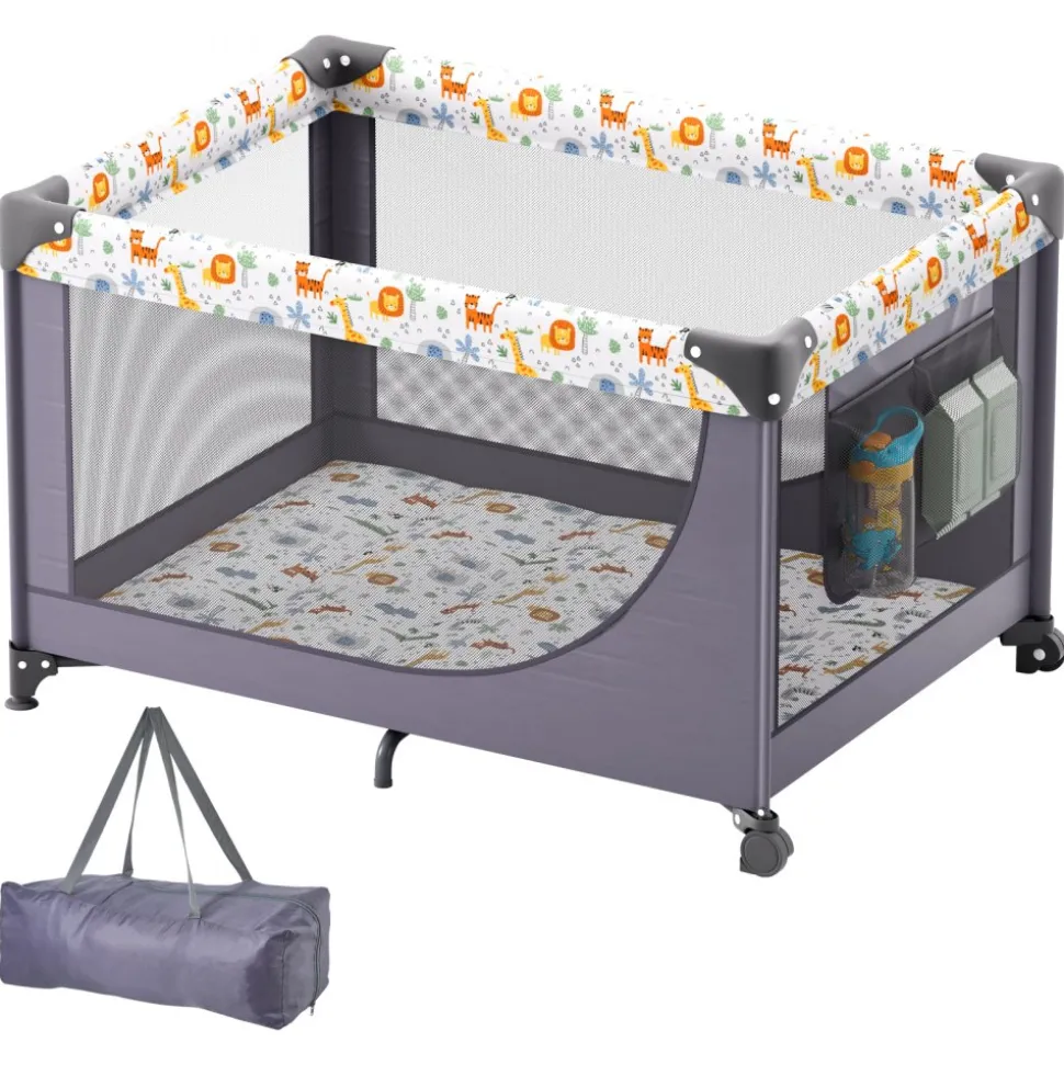 VEVOR Baby Playpen Travel Crib, Quick-Folding Playpen for Baby & Toddler, Portable Baby Fence Play Yard with Wheels, Breathable Mesh & Travel Bag, Indoor/Outdoor Kids Activity Center for 0-36 Months