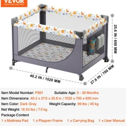 VEVOR Baby Playpen Travel Crib, Quick-Folding Playpen for Baby & Toddler, Portable Baby Fence Play Yard with Wheels, Breathable Mesh & Travel Bag, Indoor/Outdoor Kids Activity Center for 0-36 Months