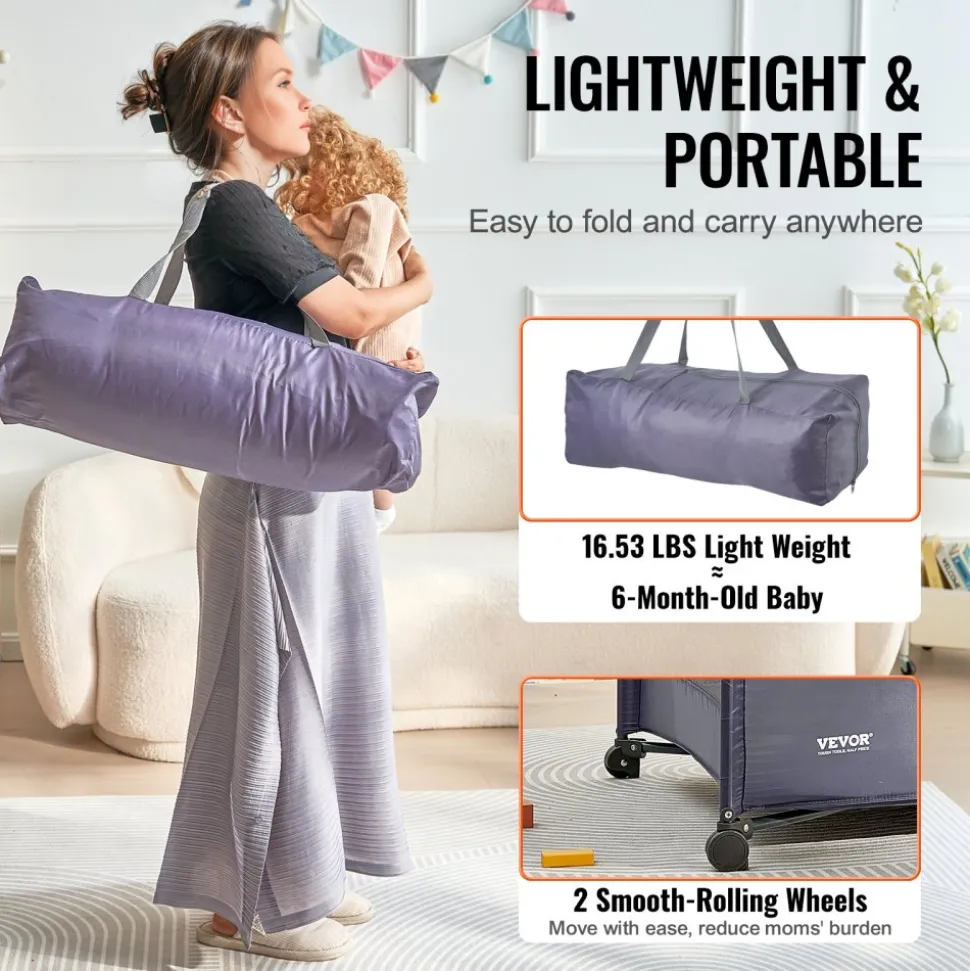VEVOR Baby Playpen Travel Crib, Quick-Folding Playpen for Baby & Toddler, Portable Baby Fence Play Yard with Wheels, Breathable Mesh & Travel Bag, Indoor/Outdoor Kids Activity Center for 0-36 Months