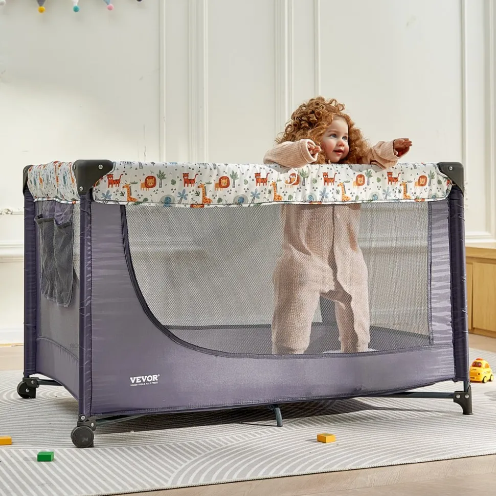 VEVOR Baby Playpen Travel Crib, Quick-Folding Playpen for Baby & Toddler, Portable Baby Fence Play Yard with Wheels, Breathable Mesh & Travel Bag, Indoor/Outdoor Kids Activity Center for 0-36 Months