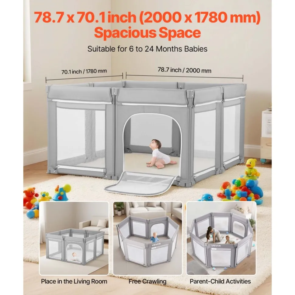 VEVOR Baby Playpen, 78.7″ x 70.1″ Extra Large Toddlers Playpen, Foldable Baby Fence Play Yard with Zippered Door & Soft Breathable Mesh, Indoor Outdoor Safety Activity Center - Great Gift for Toddlers