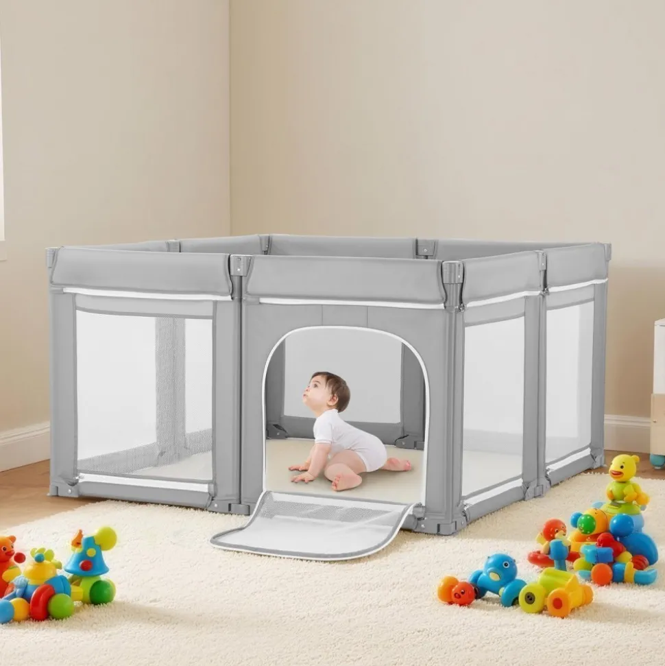VEVOR Baby Playpen, 47.2″ x 47.2″ Foldable Toddlers Playpen, Indoor/Outdoor Baby Fence Play Yard with Zippered Door & Soft Breathable Mesh, No-Gap Toddlers Activity Center for 6 -24 Months Babies