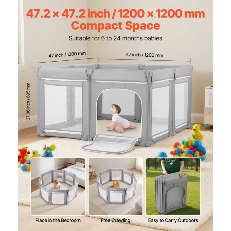VEVOR Baby Playpen, 47.2″ x 47.2″ Foldable Toddlers Playpen, Indoor/Outdoor Baby Fence Play Yard with Zippered Door & Soft Breathable Mesh, No-Gap Toddlers Activity Center for 6 -24 Months Babies
