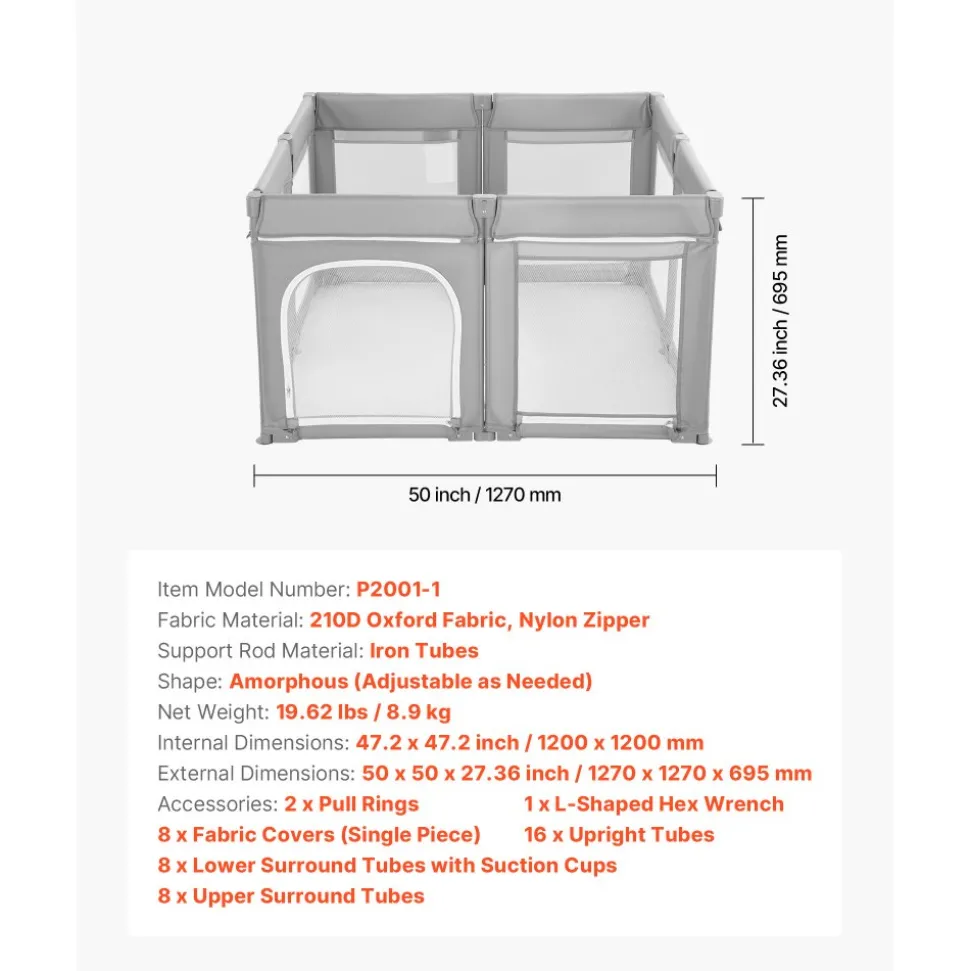 VEVOR Baby Playpen, 47.2″ x 47.2″ Foldable Toddlers Playpen, Indoor/Outdoor Baby Fence Play Yard with Zippered Door & Soft Breathable Mesh, No-Gap Toddlers Activity Center for 6 -24 Months Babies