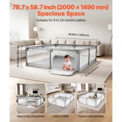 VEVOR Baby Playpen, 78.7″ x 58.7″ Large Toddlers Playpen, Indoor/Outdoor Baby Fence Play Yard with 50 Ocean Balls, Zippered Door & Breathable Mesh, No-Gap Safety Activity Center for Babies Toddlers