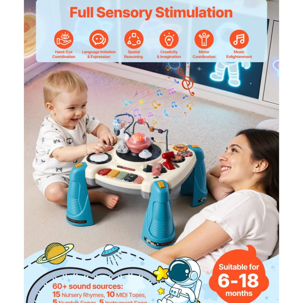 VEVOR Baby Spacecraft Musical Table Toys for 1-3 Years Old, Learning Activity Desk with Space Theme & Soft-glow Star Projector & 60+ Sound Sources, Toddler Learning Table for Kids 6+ Months