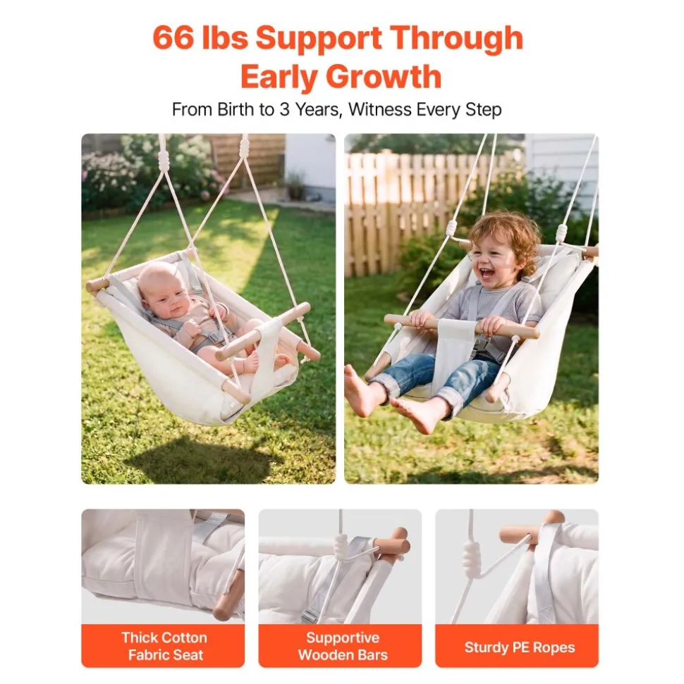 VEVOR Baby Swing 66 lbs Weight Capacity 3 Modes Canvas Hammock Swing White, for Indoor and Outdoor, 5-Point Harness and Tree Straps, Wooden Hanging Seat with Integrated Cushion for Baby to Toddler