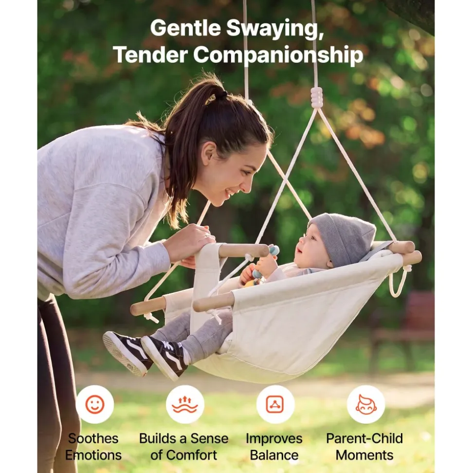 VEVOR Baby Swing 66 lbs Weight Capacity 3 Modes Canvas Hammock Swing White, for Indoor and Outdoor, 5-Point Harness and Tree Straps, Wooden Hanging Seat with Integrated Cushion for Baby to Toddler