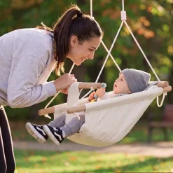 VEVOR Baby Swing 66 lbs Weight Capacity 3 Modes Canvas Hammock Swing White, for Indoor and Outdoor, 5-Point Harness and Tree Straps, Wooden Hanging Seat with Integrated Cushion for Baby to Toddler