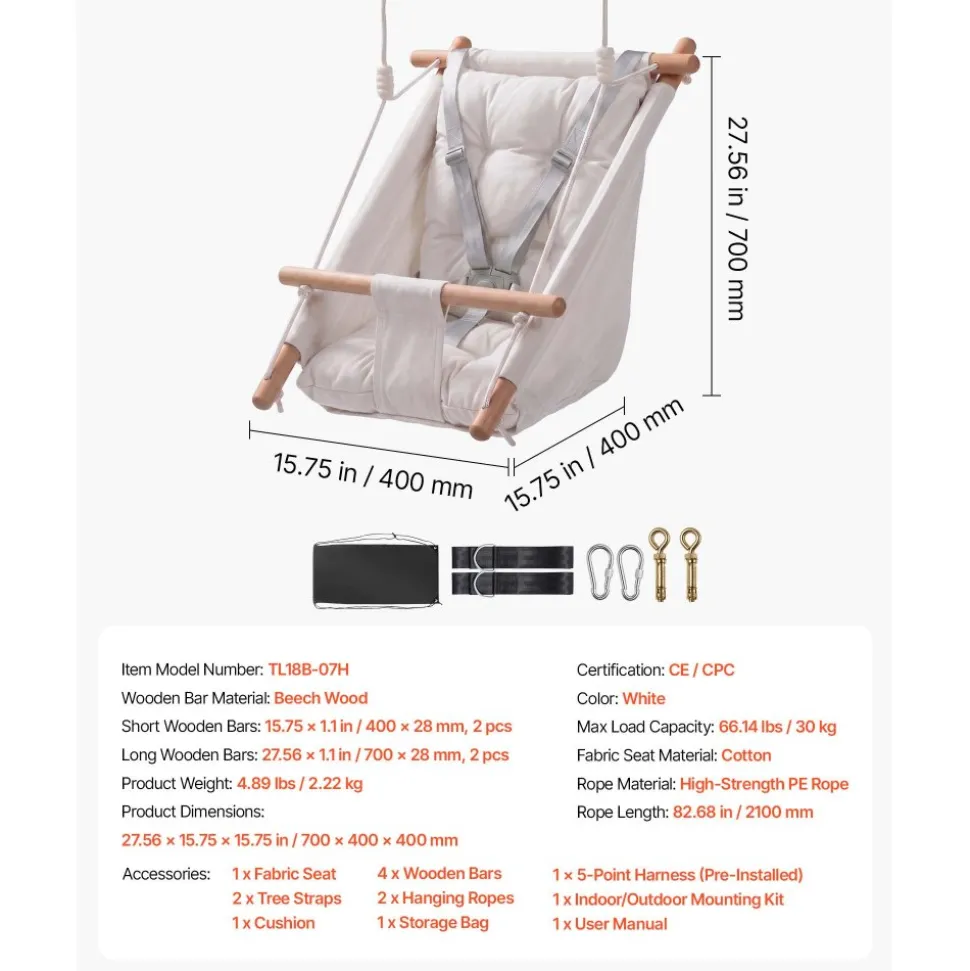 VEVOR Baby Swing 66 lbs Weight Capacity 3 Modes Canvas Hammock Swing White, for Indoor and Outdoor, 5-Point Harness and Tree Straps, Wooden Hanging Seat with Integrated Cushion for Baby to Toddler