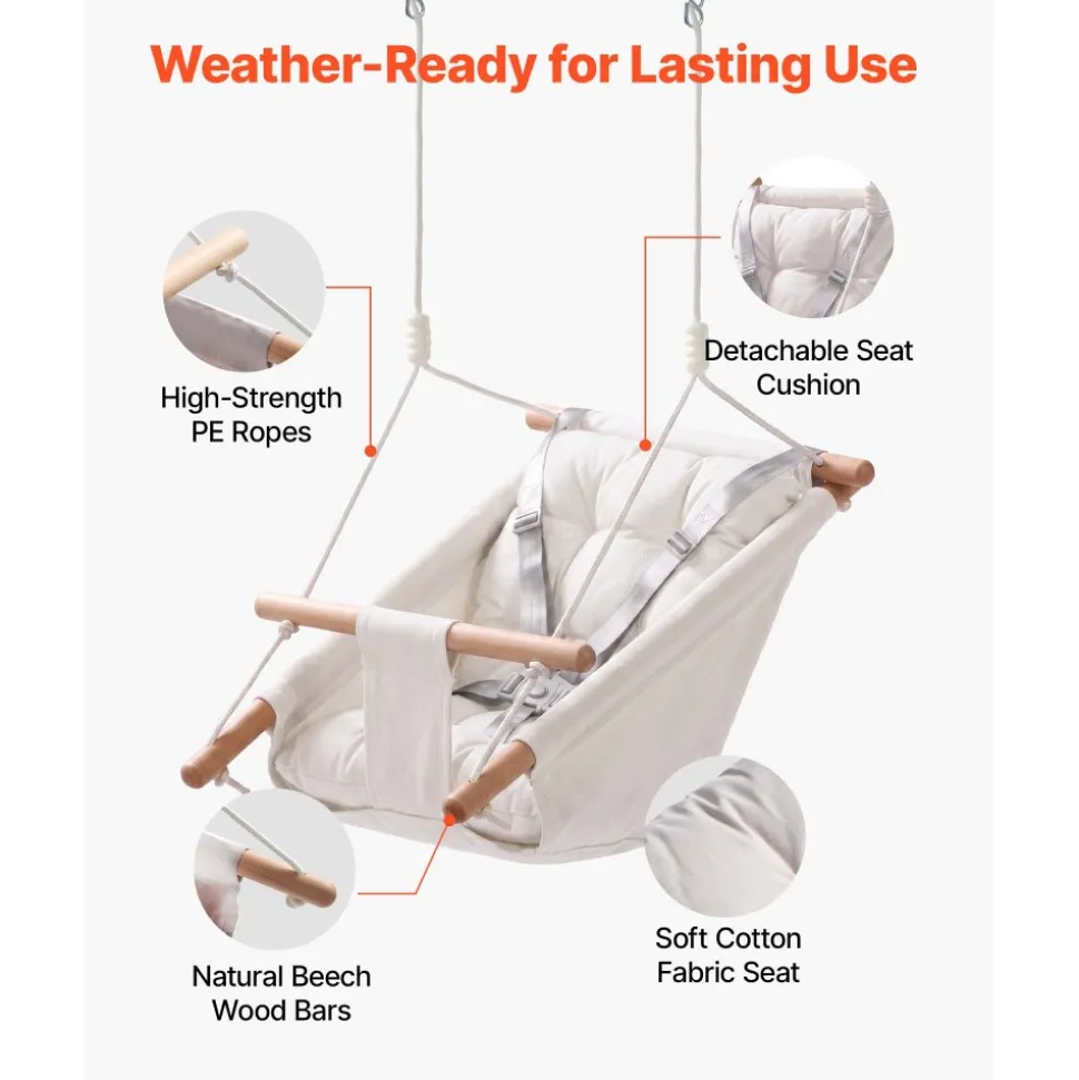 VEVOR Baby Swing 66 lbs Weight Capacity 3 Modes Canvas Hammock Swing White, for Indoor and Outdoor, 5-Point Harness and Tree Straps, Wooden Hanging Seat with Integrated Cushion for Baby to Toddler