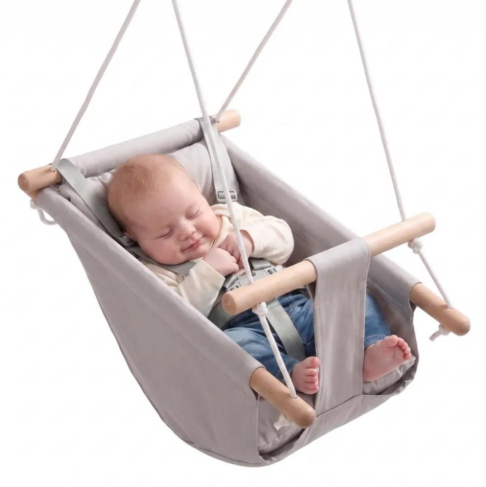 VEVOR Baby Swing 66 lbs Weight Capacity 3 Modes Canvas Hammock Swing Gray, for Indoor and Outdoor, 5-Point Harness and Tree Straps, Wooden Hanging Seat with Integrated Cushion for Baby to Toddler