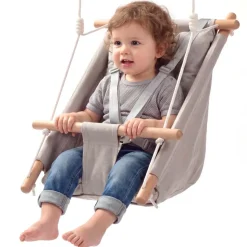 VEVOR Baby Swing 66 lbs Weight Capacity 3 Modes Canvas Hammock Swing Gray, for Indoor and Outdoor, 5-Point Harness and Tree Straps, Wooden Hanging Seat with Integrated Cushion for Baby to Toddler