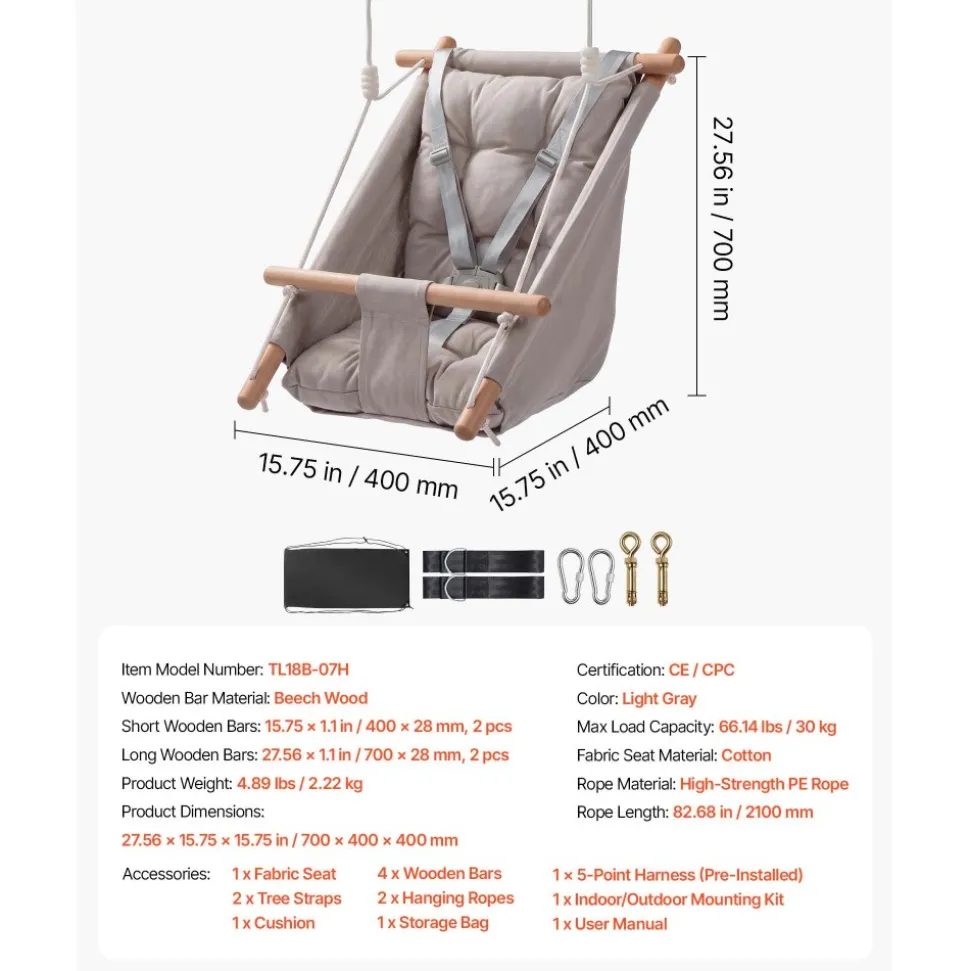 VEVOR Baby Swing 66 lbs Weight Capacity 3 Modes Canvas Hammock Swing Gray, for Indoor and Outdoor, 5-Point Harness and Tree Straps, Wooden Hanging Seat with Integrated Cushion for Baby to Toddler