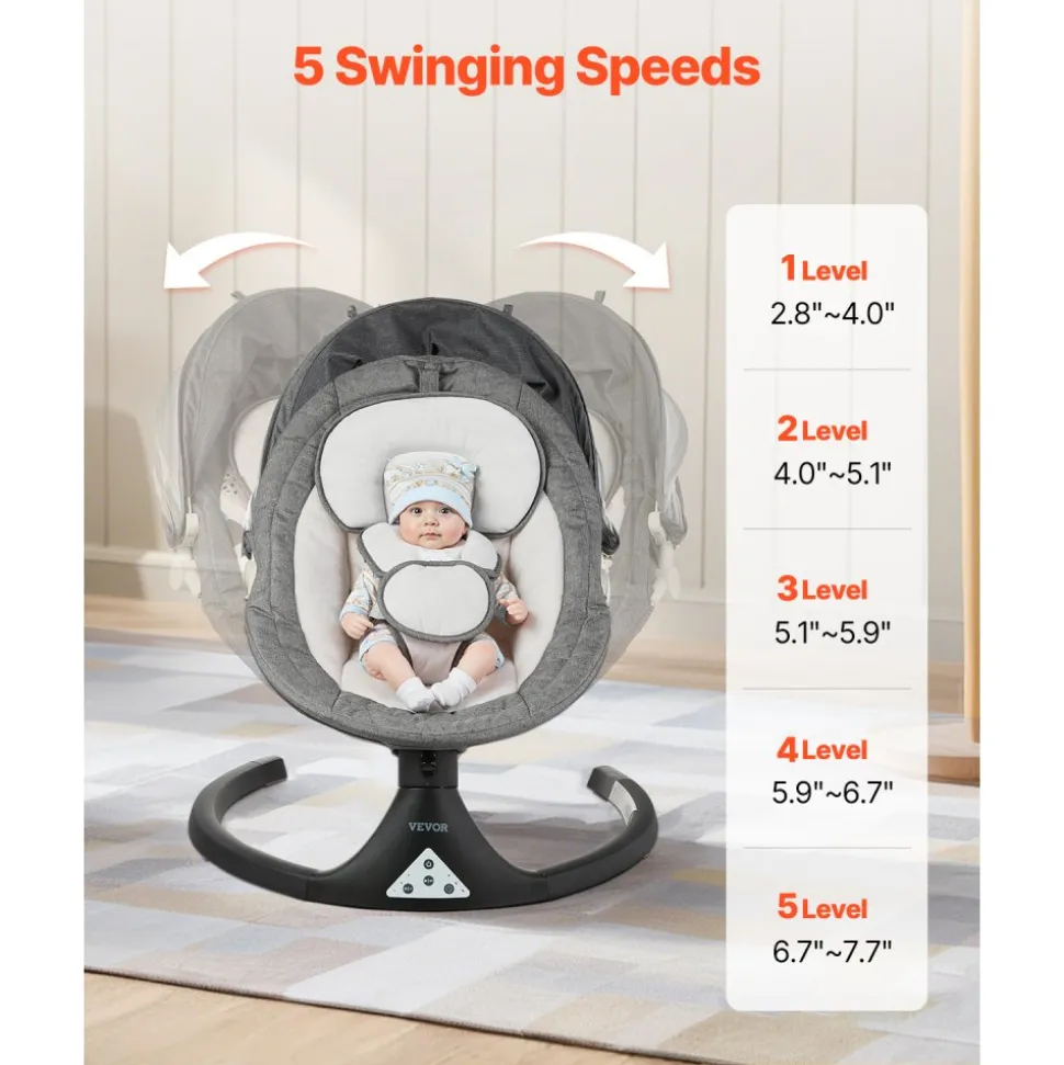 VEVOR Baby Swing, 5-Speed Baby Rocker with 3 Seat Position, Portable Infant Swing for Newborn with PVC Touch Panel, Remote Control, Bluetooth, 10 Lullabies & Toy Bar for 0-9 Month/0-20 lbs Boys Girls