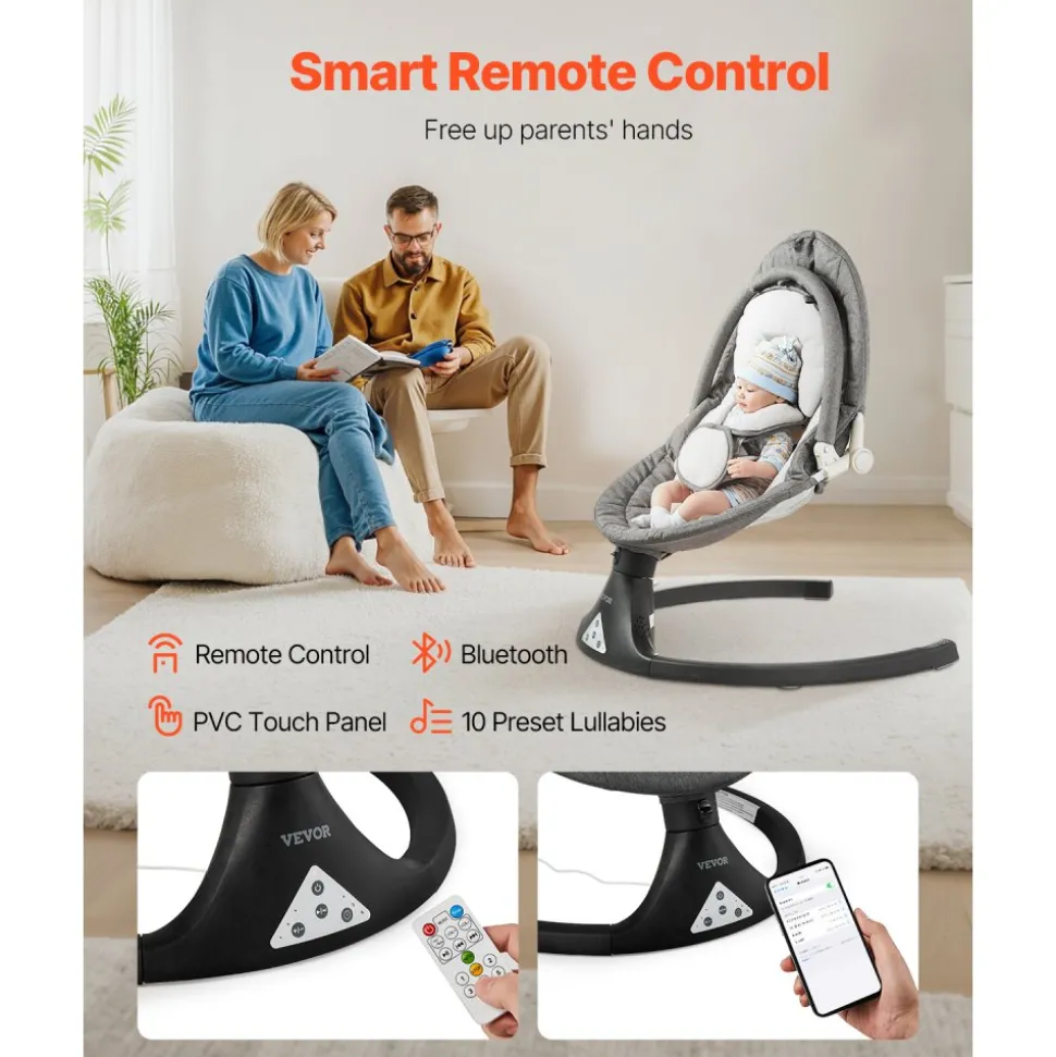 VEVOR Baby Swing, 5-Speed Baby Rocker with 3 Seat Position, Portable Infant Swing for Newborn with PVC Touch Panel, Remote Control, Bluetooth, 10 Lullabies & Toy Bar for 0-9 Month/0-20 lbs Boys Girls