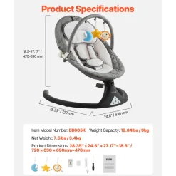 VEVOR Baby Swing, 5-Speed Baby Rocker with 3 Seat Position, Portable Infant Swing for Newborn with PVC Touch Panel, Remote Control, Bluetooth, 10 Lullabies & Toy Bar for 0-9 Month/0-20 lbs Boys Girls