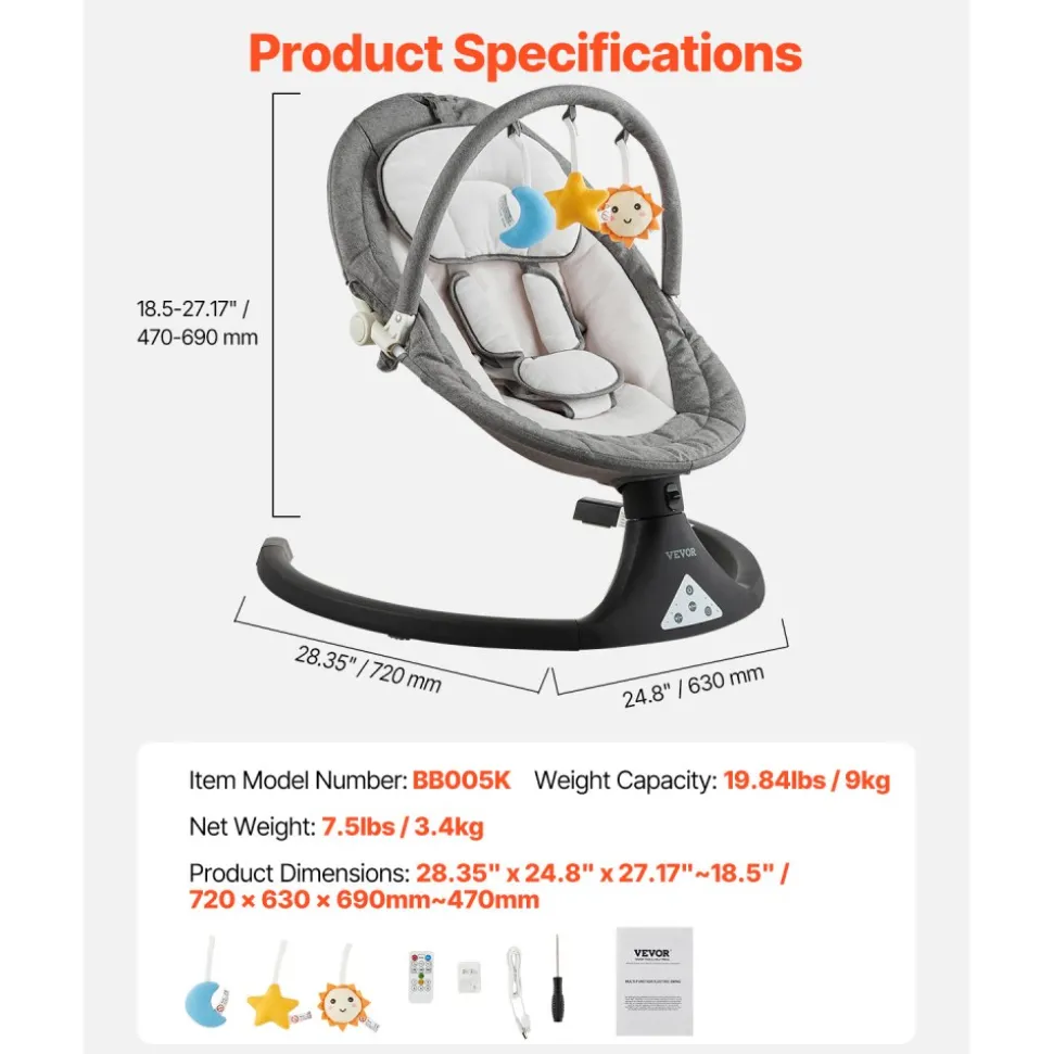 VEVOR Baby Swing, 5-Speed Baby Rocker with 3 Seat Position, Portable Infant Swing for Newborn with PVC Touch Panel, Remote Control, Bluetooth, 10 Lullabies & Toy Bar for 0-9 Month/0-20 lbs Boys Girls