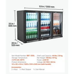 VEVOR Back Bar Cooler, 11.4 Cu.Ft Commercial Beverage Refrigerator with 3 Glass Door, Large Under Counter Fridge w/ LED Lighting, Shelf, Low-E Glass Display Cooler for Store, Lobby, Restaurant, Pub