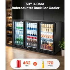 VEVOR Back Bar Cooler, 11.4 Cu.Ft Commercial Beverage Refrigerator with 3 Glass Door, Large Under Counter Fridge w/ LED Lighting, Shelf, Low-E Glass Display Cooler for Store, Lobby, Restaurant, Pub