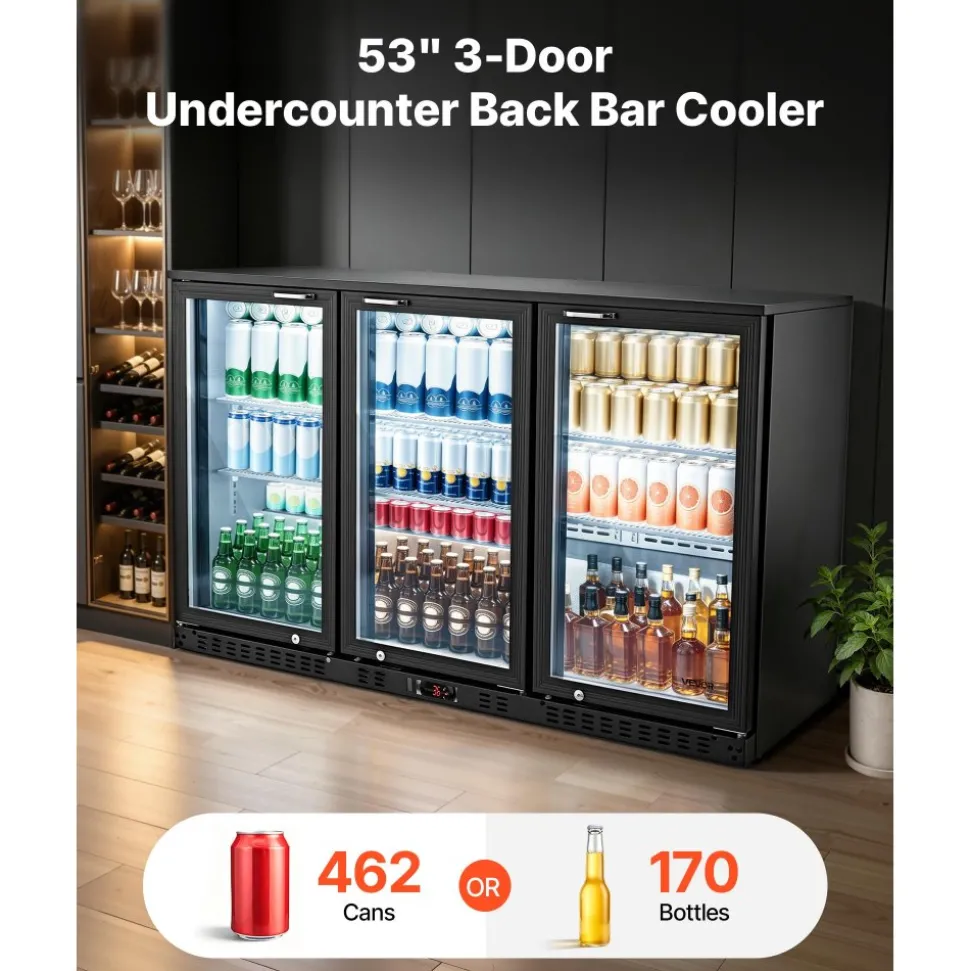 VEVOR Back Bar Cooler, 11.4 Cu.Ft Commercial Beverage Refrigerator with 3 Glass Door, Large Under Counter Fridge w/ LED Lighting, Shelf, Low-E Glass Display Cooler for Store, Lobby, Restaurant, Pub