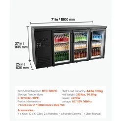VEVOR Back Bar Cooler, 19.6 Cu. Ft Counter Height Beverage Refrigerator, Commercial Bar Display Fridge w/ 3 Glass Doors, LED Lighting, Fan Cooling Beer Wine Cooler for Pub, Merchandiser, Store