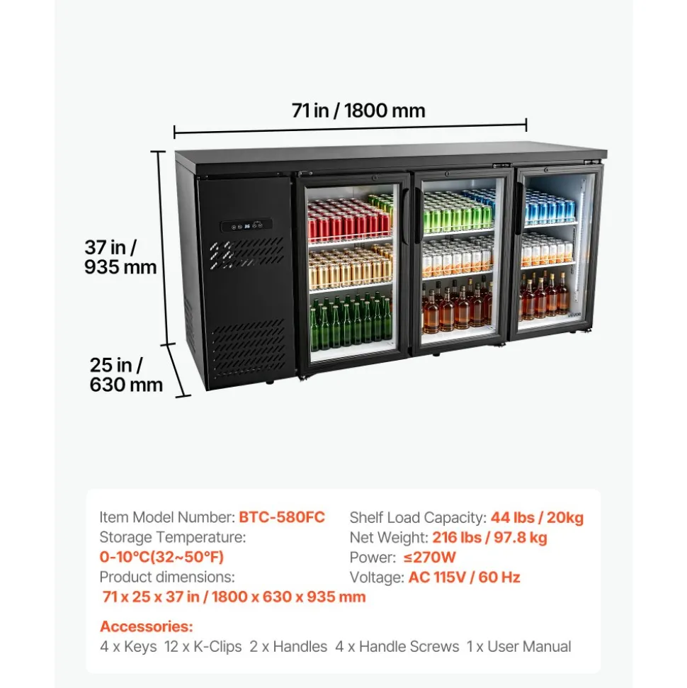 VEVOR Back Bar Cooler, 19.6 Cu. Ft Counter Height Beverage Refrigerator, Commercial Bar Display Fridge w/ 3 Glass Doors, LED Lighting, Fan Cooling Beer Wine Cooler for Pub, Merchandiser, Store