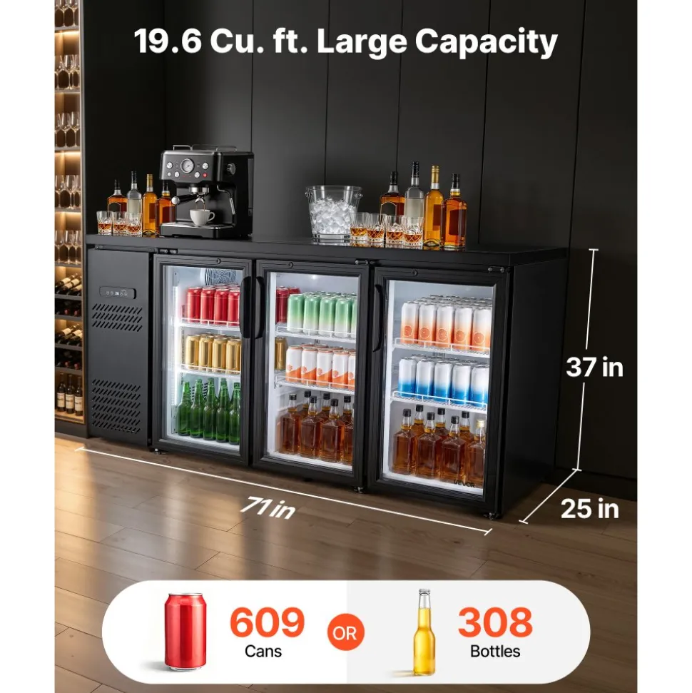 VEVOR Back Bar Cooler, 19.6 Cu. Ft Counter Height Beverage Refrigerator, Commercial Bar Display Fridge w/ 3 Glass Doors, LED Lighting, Fan Cooling Beer Wine Cooler for Pub, Merchandiser, Store