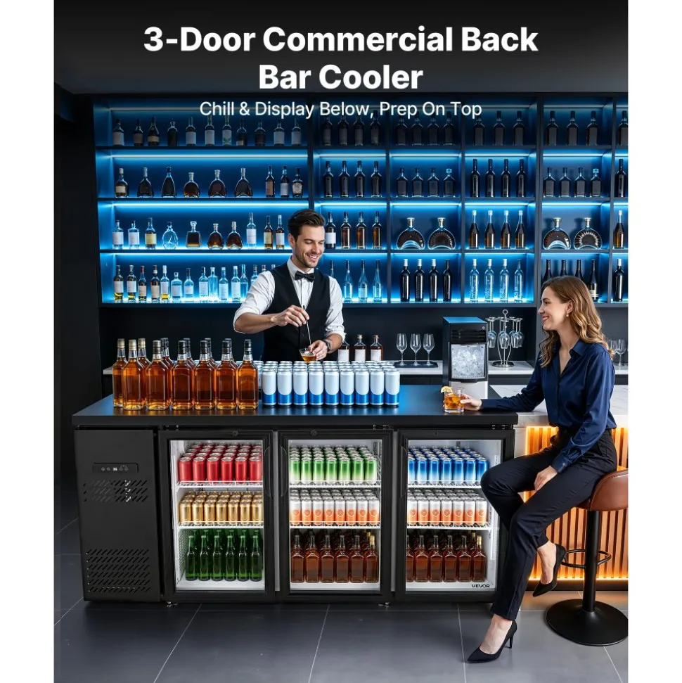 VEVOR Back Bar Cooler, 19.6 Cu. Ft Counter Height Beverage Refrigerator, Commercial Bar Display Fridge w/ 3 Glass Doors, LED Lighting, Fan Cooling Beer Wine Cooler for Pub, Merchandiser, Store