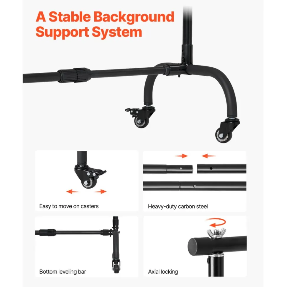 VEVOR Backdrop Stand with Wheels, 7 x 10 ft Adjustable Photo Backdrop Stand Kit, Moveable Background Backdrop Stand, Heavy Duty Projector Screen Stand, for Wedding, Photo Studio & Party