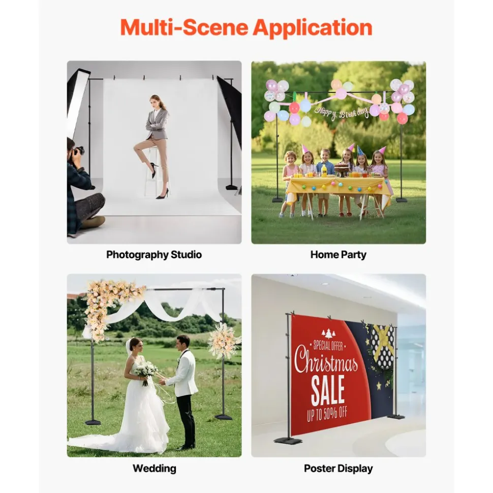 VEVOR Backdrop Stand, 8.5 x 10 ft Adjustable Photo Backdrop Stand Kit, Portable Background Backdrop Stand with 7 Crossbars, Heavy Duty Projector Screen Stand, for Wedding, Photo Video Studio & Party