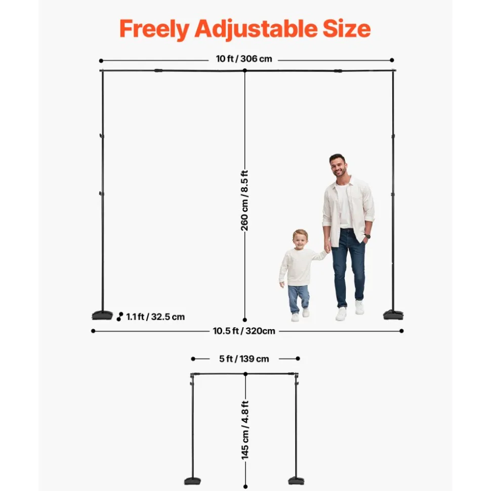 VEVOR Backdrop Stand, 8.5 x 10 ft Adjustable Photo Backdrop Stand Kit, Portable Background Backdrop Stand with 7 Crossbars, Heavy Duty Projector Screen Stand, for Wedding, Photo Video Studio & Party