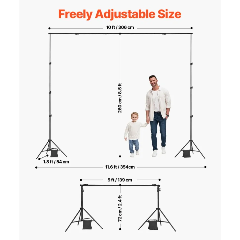 VEVOR Backdrop Stand, 8.5 x 10 ft Adjustable Photo Backdrop Stand Kit, Portable Background Backdrop Stand with 2 Tripods, Heavy Duty Projector Screen Stand, for Wedding, Photo Video Studio & Party