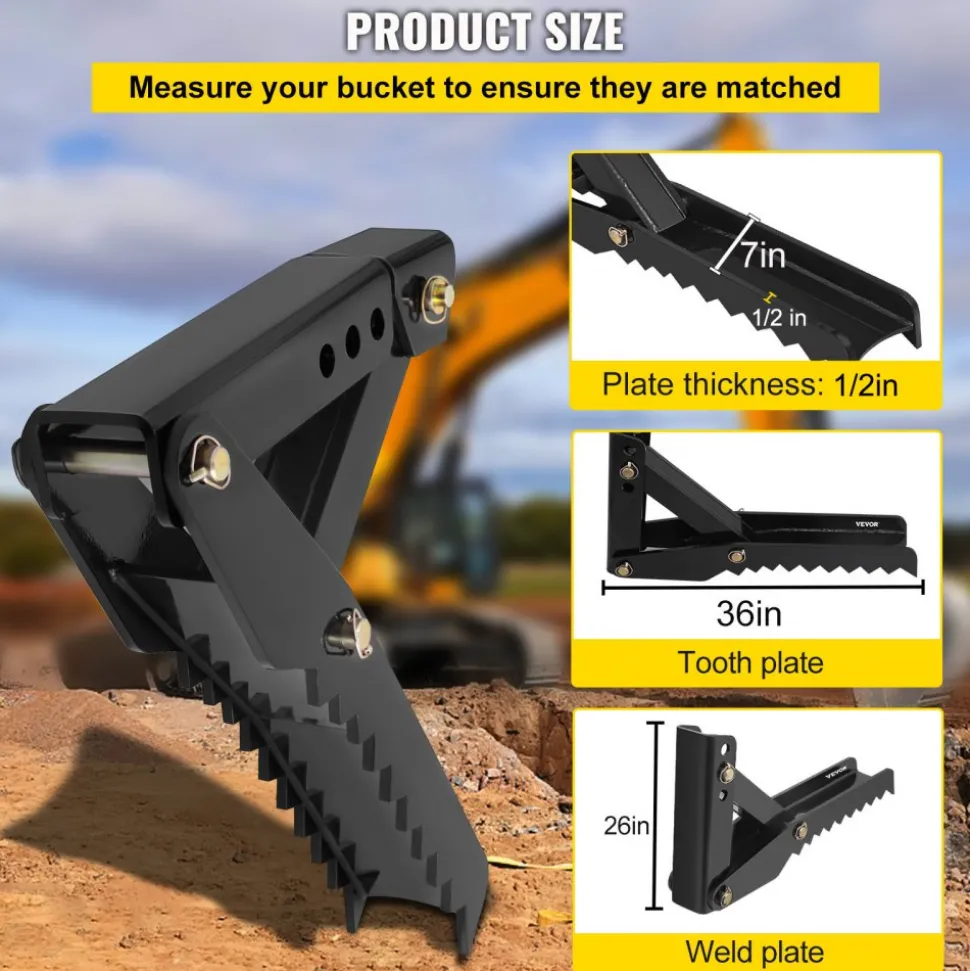 VEVOR Backhoe Excavator Thumb Attachments, 36 inch Adjustable Extreme Weld On Backhoe Thumb Hoe Clamp 1/2 Inch Teeth Thick Steel Plate 16MM Assembly Bolt-On Design
