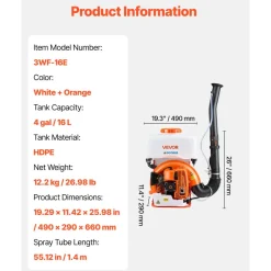 VEVOR Backpack Fogger Sprayer, 63CC 3HP Engine, Gas Powered Fogger Sprayer with 4 Gallon Tank, Powder and Liquid Mister Duster System for Effective Fleas Ticks Critters Control, Gardening & Farming