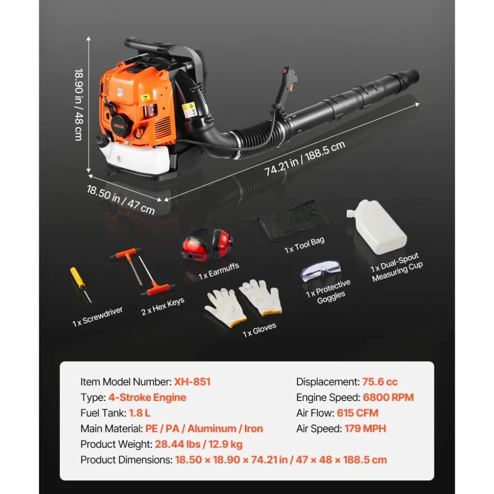 VEVOR Backpack Leaf Blower, 75.6CC 4-Stroke Engine Gas Powered Leaf Blower with 1.8L Fuel Tank, 615 CFM Air Volume, 179 MPH Air Speed, Ideal for Lawn Care, Leaves Cleaning, Yard Debris & Snow Removal