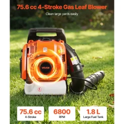 VEVOR Backpack Leaf Blower, 75.6CC 4-Stroke Engine Gas Powered Leaf Blower with 1.8L Fuel Tank, 615 CFM Air Volume, 179 MPH Air Speed, Ideal for Lawn Care, Leaves Cleaning, Yard Debris & Snow Removal