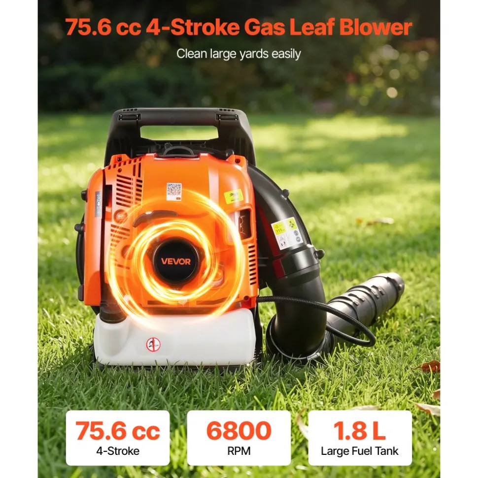 VEVOR Backpack Leaf Blower, 75.6CC 4-Stroke Engine Gas Powered Leaf Blower with 1.8L Fuel Tank, 615 CFM Air Volume, 179 MPH Air Speed, Ideal for Lawn Care, Leaves Cleaning, Yard Debris & Snow Removal