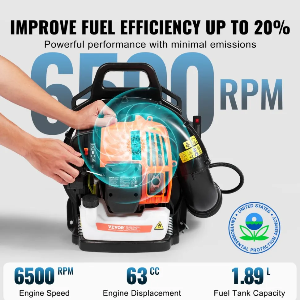 VEVOR Backpack Leaf Blower, 52CC 2-Cycle Leaf Blower with 1.37L Fuel Tank, 480CFM Air Volume 175MPH Speed, Ideal for Lawn Care, Leaf Cleaning, and Snow Removal