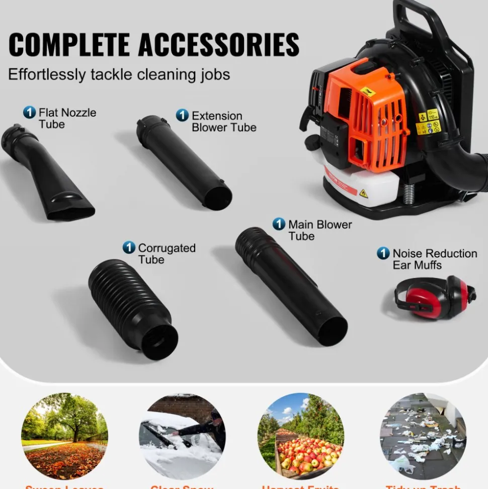 VEVOR Backpack Leaf Blower, 52CC 2-Cycle Leaf Blower with 1.37L Fuel Tank, 480CFM Air Volume 175MPH Speed, Ideal for Lawn Care, Leaf Cleaning, and Snow Removal