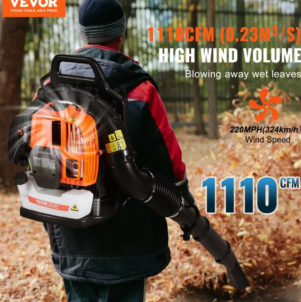 VEVOR Backpack Leaf Blower, 52CC 2-Cycle Leaf Blower with 1.37L Fuel Tank, 480CFM Air Volume 175MPH Speed, Ideal for Lawn Care, Leaf Cleaning, and Snow Removal