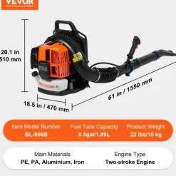 VEVOR Backpack Leaf Blower, 52CC 2-Cycle Leaf Blower with 1.37L Fuel Tank, 480CFM Air Volume 175MPH Speed, Ideal for Lawn Care, Leaf Cleaning, and Snow Removal