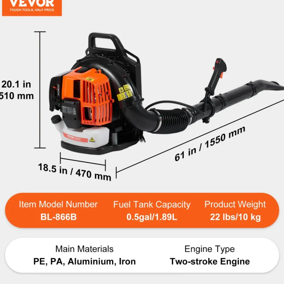 VEVOR Backpack Leaf Blower, 52CC 2-Cycle Leaf Blower with 1.37L Fuel Tank, 480CFM Air Volume 175MPH Speed, Ideal for Lawn Care, Leaf Cleaning, and Snow Removal