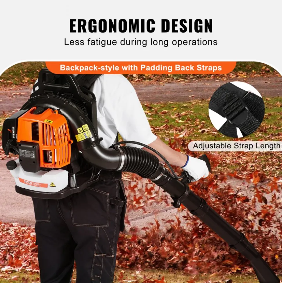 VEVOR Backpack Leaf Blower, 52CC 2-Cycle Leaf Blower with 1.37L Fuel Tank, 480CFM Air Volume 175MPH Speed, Ideal for Lawn Care, Leaf Cleaning, and Snow Removal